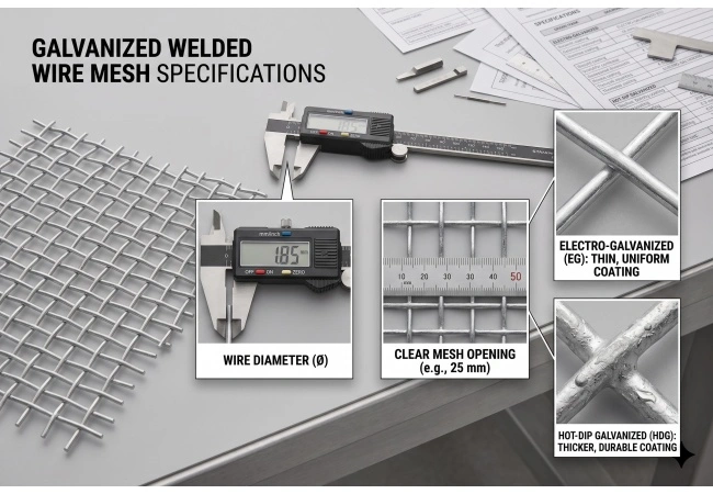 Meting van de maattabel van draadgaas Wire mesh size chart showing mesh opening and wire diameter measurement